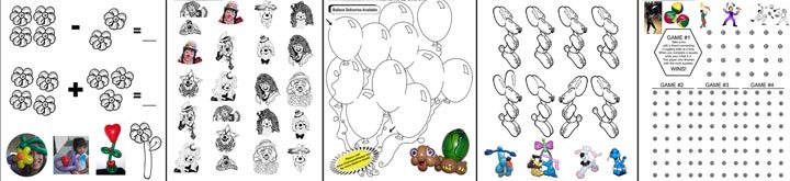 ACTIVITY SHEETS: Coloring pages, balloon art math, connect the dots, balloon maze, find the twin balloon dogs 