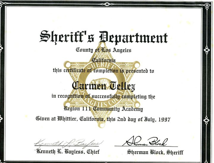 Certificate Carmen Tellez 1997 Whittier Sheriffs training center