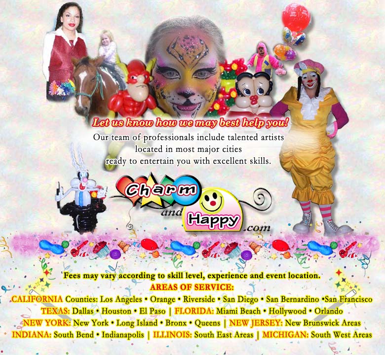 877-725-6967 CharmandHappy.com clowns balloon art twisting Carmen Tellez
