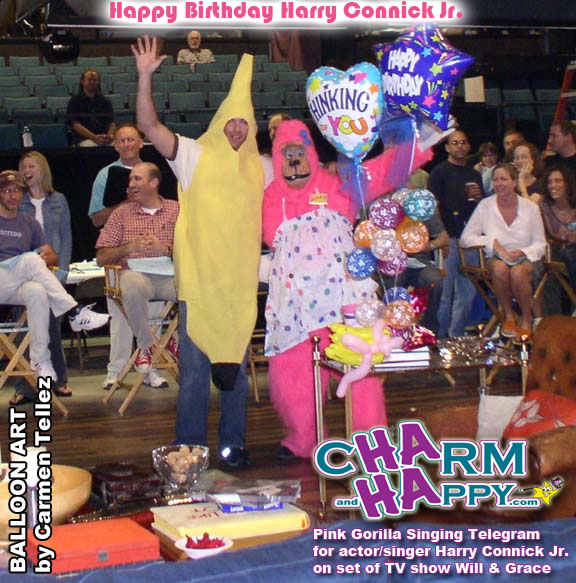 Harry Connick Jr. serenaded by CharmandHappy.com Pink Gorilla on his birthday while on the TV show set of Will & Grace