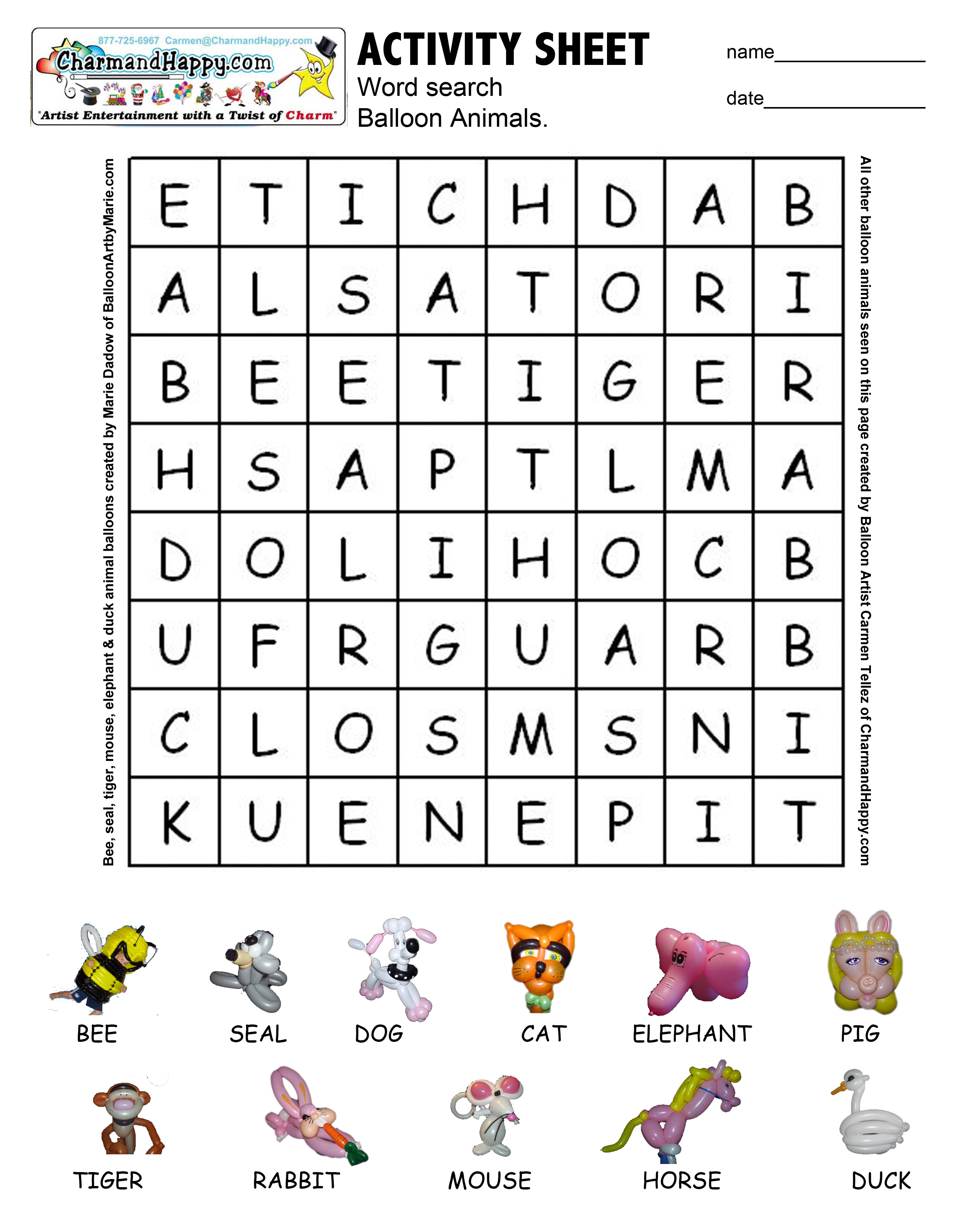 CharmandHappy.com kids activity sheet word search