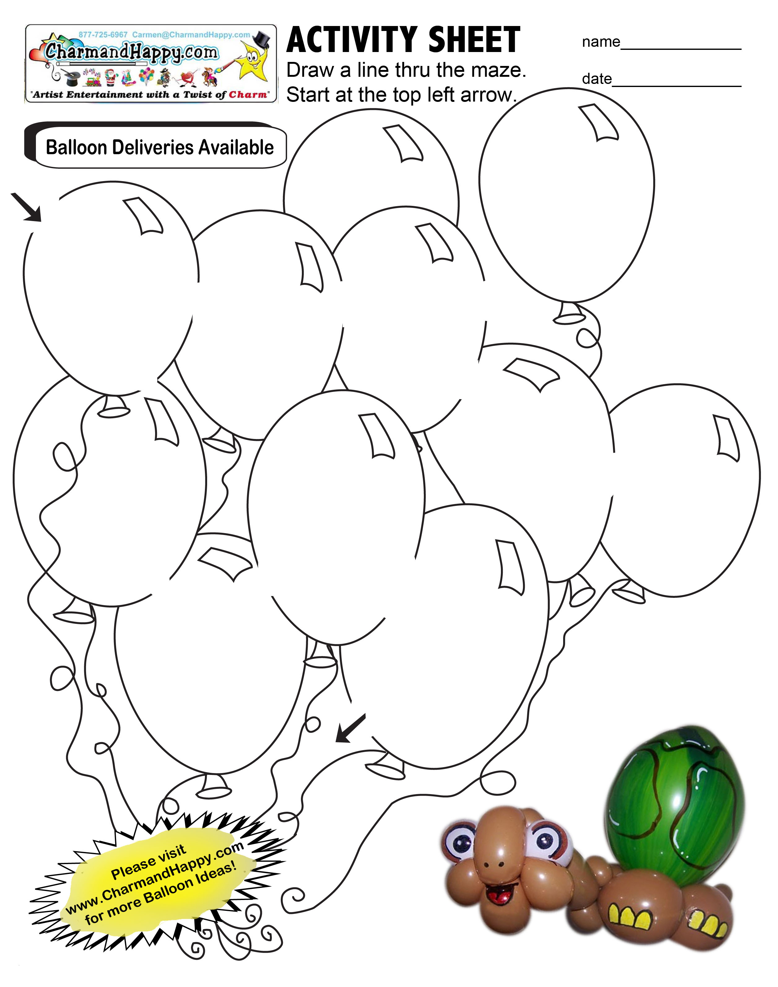 CharmandHappy.com kids activity sheet balloon maze