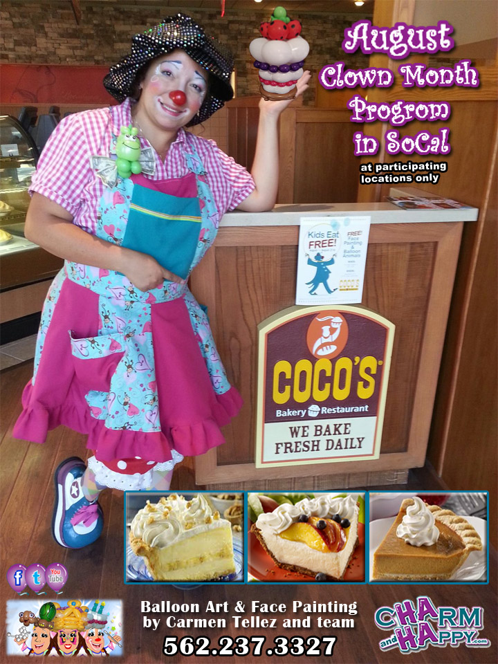 coco's family kids night featuring CharmandHappy.com for clown week los angeles socal