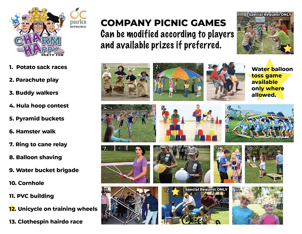 OCparks approved company picnic games and entertainment featuring CharmandHappy.com