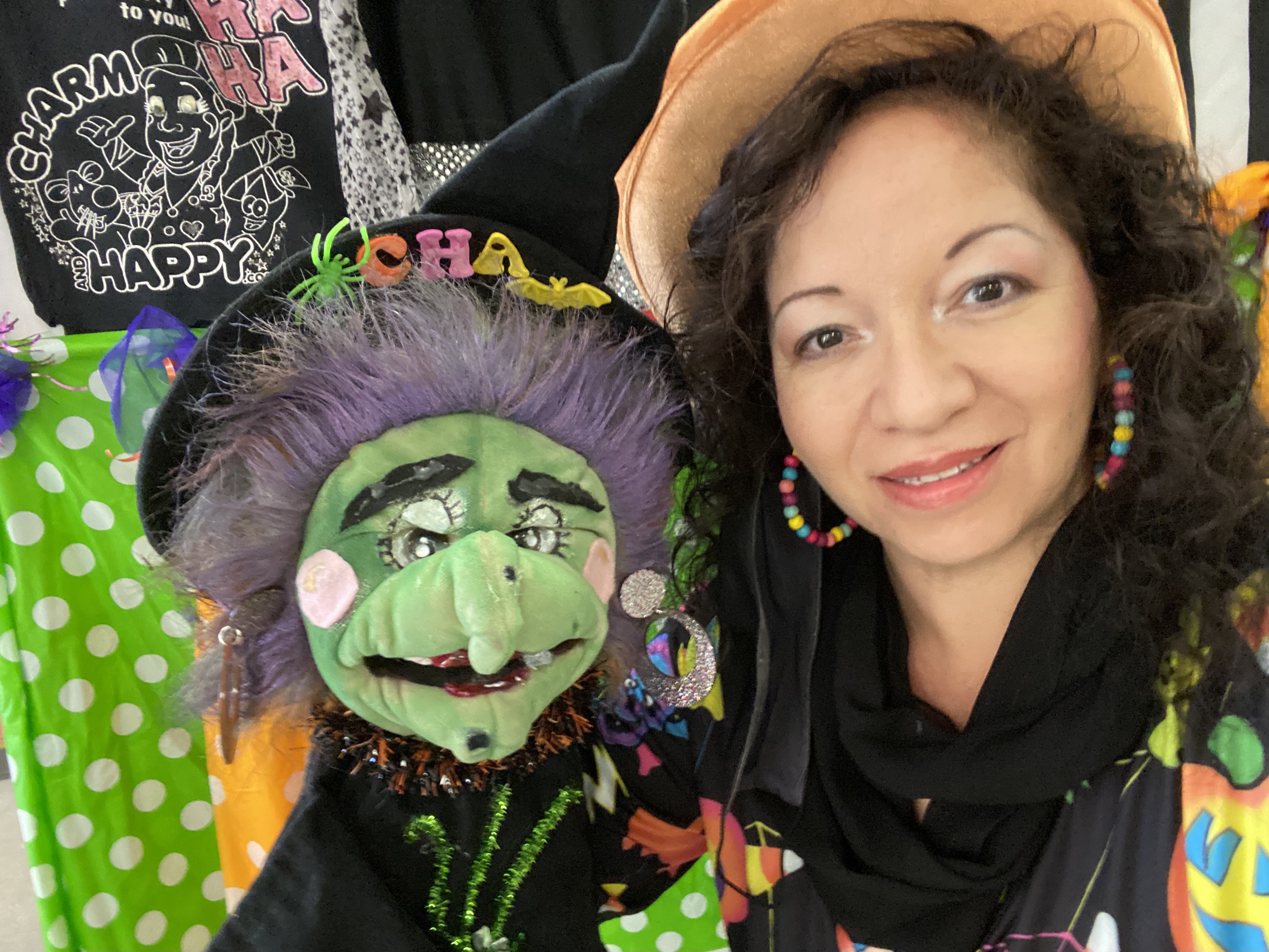 Halloween puppet show featuring Witch Cha and Carmen of CharmandHappy.com