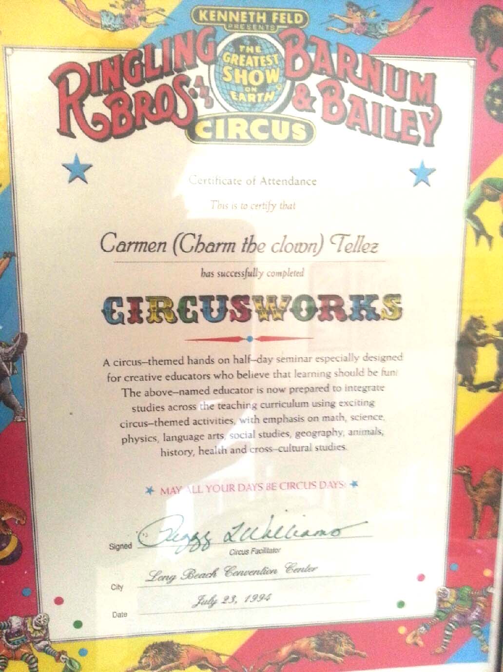 Certificate ringling circus works for Carmen Tellez