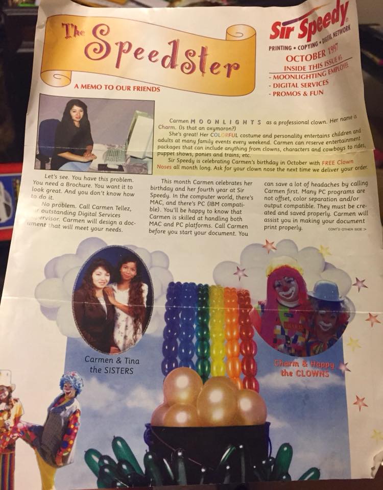 sir speedy printing newsletter featuring Carmen Tellez Graphic Artist as moonlighting clown of CharmandHappy.com